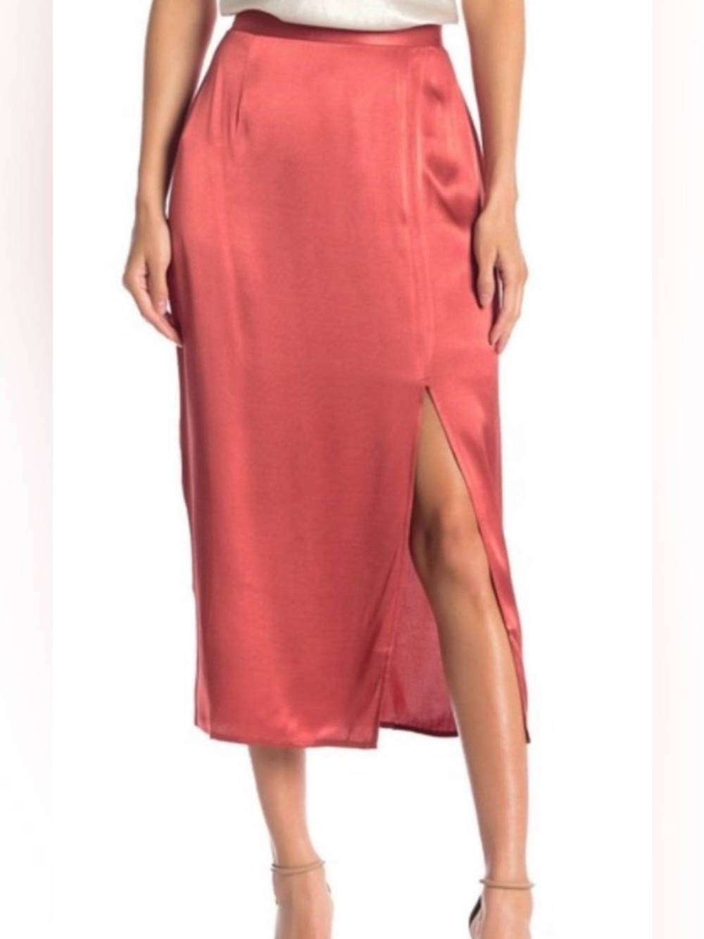 Satin Slip Midi Skirt with Side Slit - Burnt Orange/Apricot